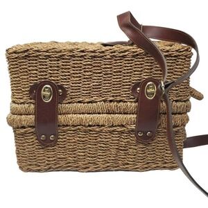 Vintage Wicker Straw Picnic Bag Basket Purse Handle & Strap Cottagecore Boho